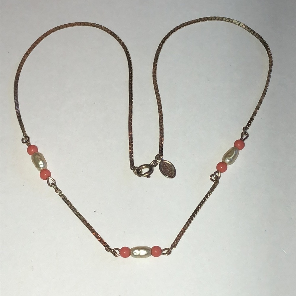 Avon Elegant Vintage Gold Tone Faux Pearl and Coral Color Beaded Dainty Necklace